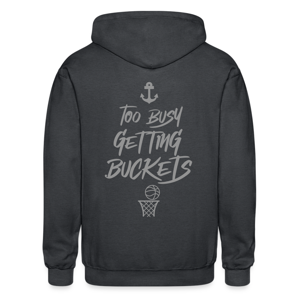 Too Busy Getting Buckets Aptos High Basketball Adult Zip Hoodie - deep heather