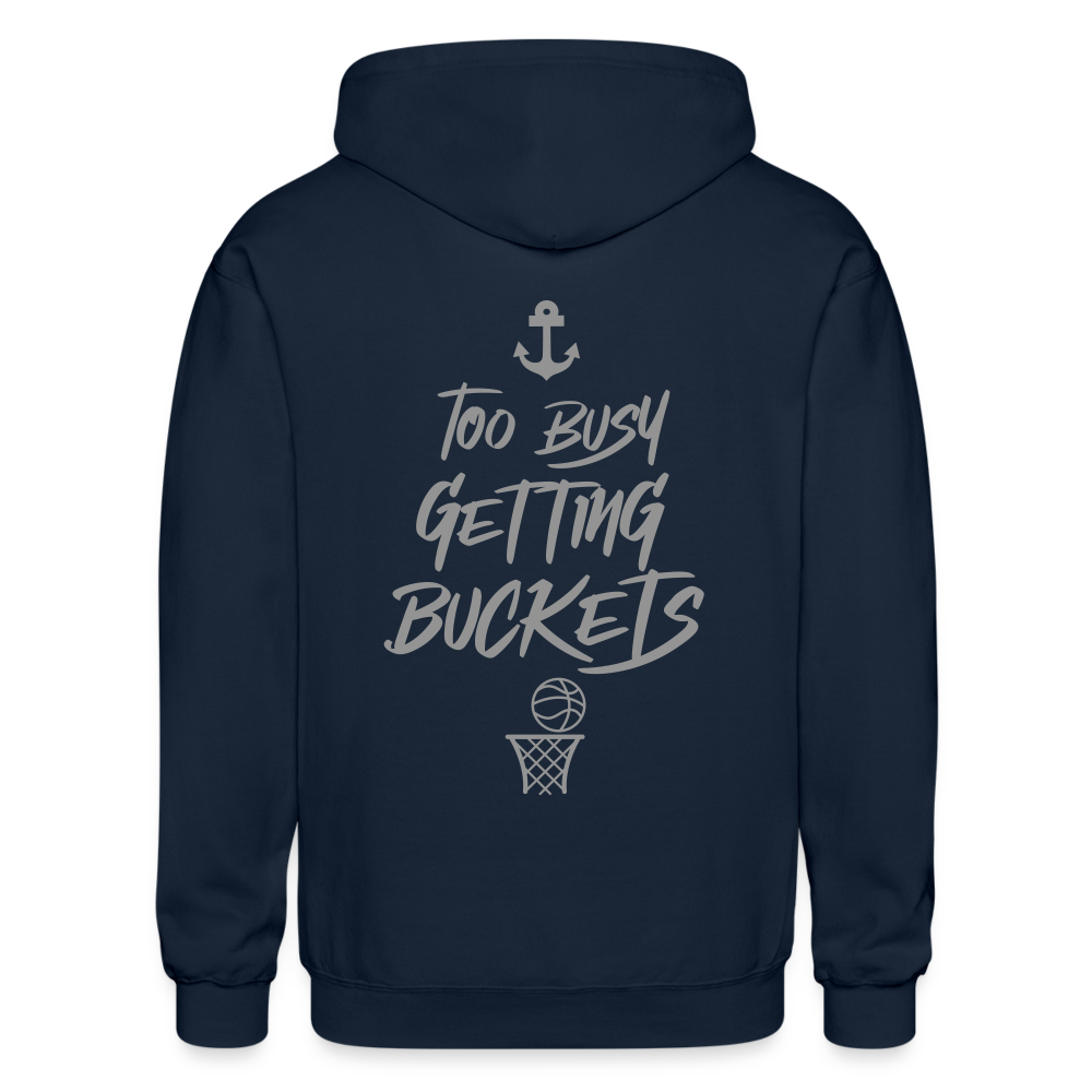 Too Busy Getting Buckets Aptos High Basketball Adult Zip Hoodie - navy